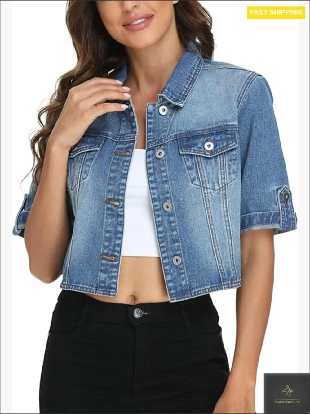 Cropped Denim Jacket Short Sleeve Classic Casual Fitted Summer Staple